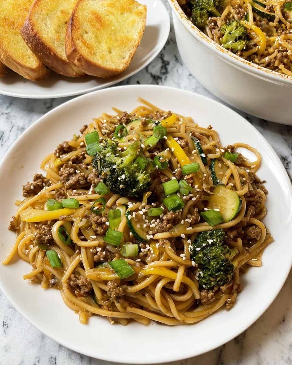 A white plate holds a serving of stir-fried spaghetti that looks soft and shiny, mixed with small pieces of cooked ground meat, bright green broccoli florets, sliced yellow bell peppers, and thin strips of red onion. The noodles are lifted by a fork, showing the mix of vegetables and meat wrapped around them. Behind the plate, there is a smaller white plate with three slices of lightly browned garlic bread, and to the right, a white bowl with more stir-fried noodles and vegetables inside. All items sit on a white marbled surface. Photo taken with an iphone --ar 4:5 --v 7
