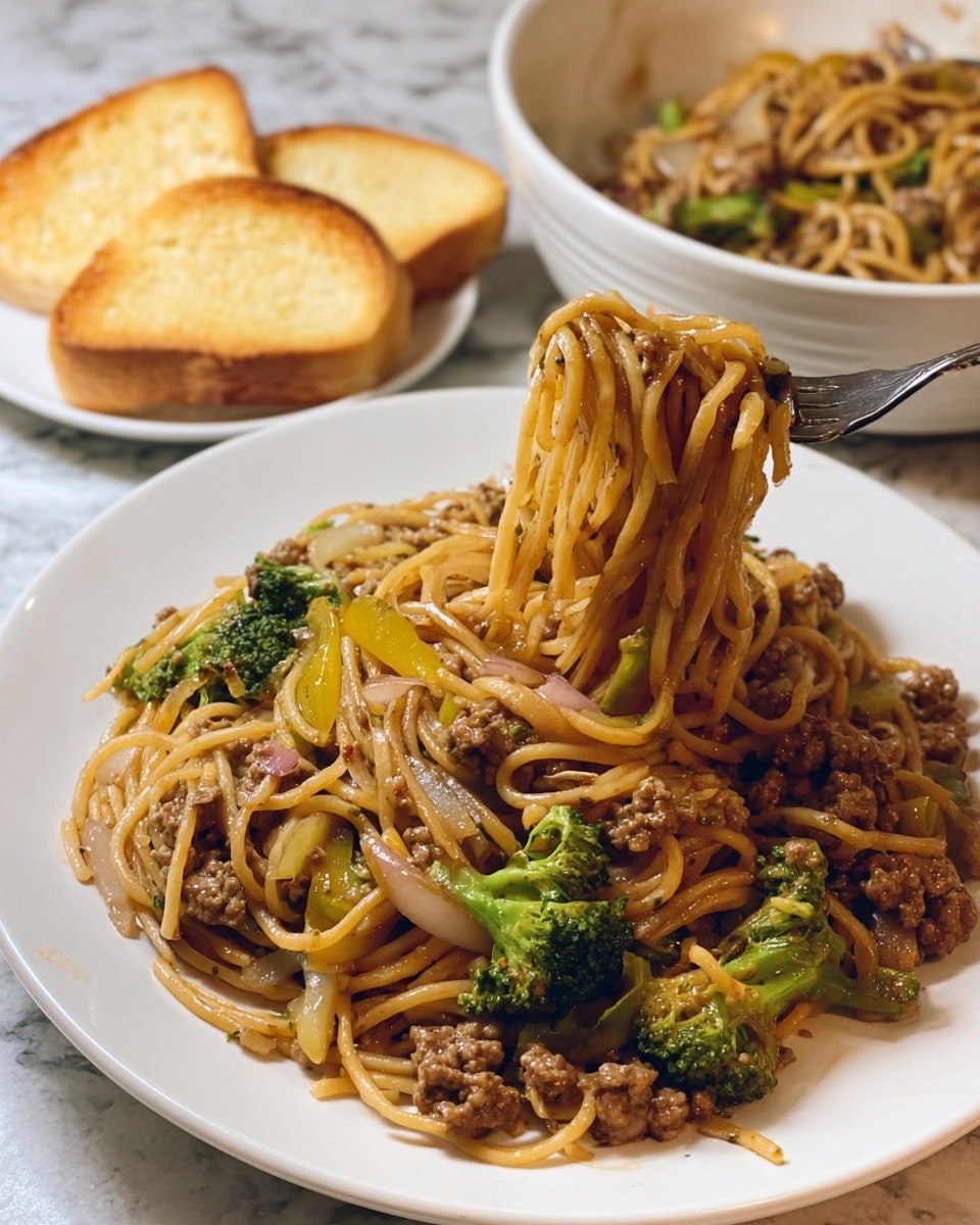 A white plate holds a serving of stir-fried noodles mixed with small pieces of cooked ground meat, bright green broccoli florets, and slices of yellow bell pepper and zucchini. The noodles are coated in a light brown sauce and garnished with chopped green onions and white sesame seeds scattered on top. In the background, there is a white bowl filled with more of the noodle dish, and to the left, a white plate with three slices of toasted garlic bread rests on a white marbled countertop. Photo taken with an iphone --ar 4:5 --v 7