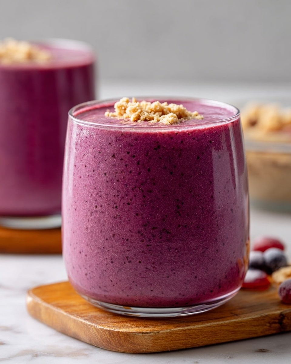 A thick, dark pink smoothie fills a clear glass cup to the top, with small light beige crumb pieces sprinkled on the surface. The glass sits on a small wooden board, placed on a white marbled surface. In the background are blurred items, including a white bowl filled with dark red and black berries, and another clear glass with more smoothie visible. Photo taken with an iphone --ar 4:5 --v 7