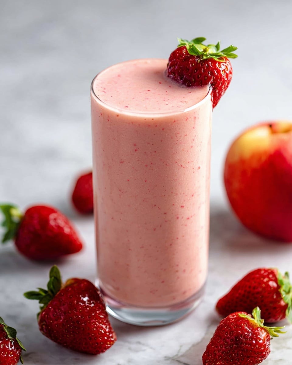 A tall clear glass filled with a smooth pink strawberry smoothie, showing tiny red specks evenly spread throughout the drink. The surface of the smoothie is flat and slightly shiny. A large ripe red strawberry with green leaves is placed on the rim of the glass on the right side. Around the glass on a white marbled surface, there are several whole red strawberries and one red apple blurred in the background. The background is soft gray, giving focus to the glass. Photo taken with an iphone --ar 4:5 --v 7