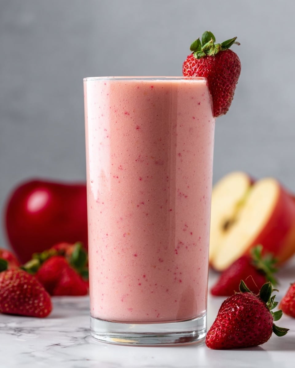 A tall, clear glass filled with a smooth pink strawberry smoothie, showing tiny red specks evenly spread in the drink, topped with a whole red strawberry with green leaves placed slightly on the rim. The glass sits on a white marbled surface surrounded by whole bright red strawberries and a red apple, adding fresh and vibrant colors to the scene. The background is soft and neutral, focusing attention on the smoothie and fruits. Photo taken with an iphone --ar 4:5 --v 7