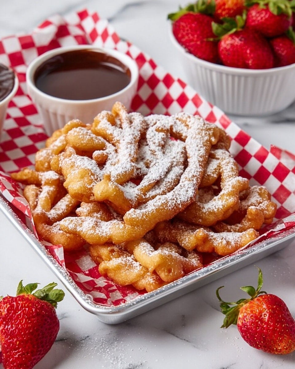 A white rectangular plate holds a pile of golden brown funnel cake strips dusted with a light layer of white powdered sugar. The funnel cake pieces are long and twisted, loosely stacked in the middle of the plate. Two white square sauce dishes sit on opposite corners of the plate; one contains a smooth brown caramel sauce, and the other holds glossy red strawberry jam. Fresh red strawberries, some whole and some halved, are placed beside the funnel cake on the plate as decoration. The plate is set on a white marbled surface with more whole strawberries scattered around, a bowl full of strawberries in the top left corner, and a metal tray lined with red and white checkered paper holding more funnel cakes dusted with powdered sugar in the background. A blue and white checkered cloth is visible at the bottom left corner. Photo taken with an iphone --ar 4:5 --v 7