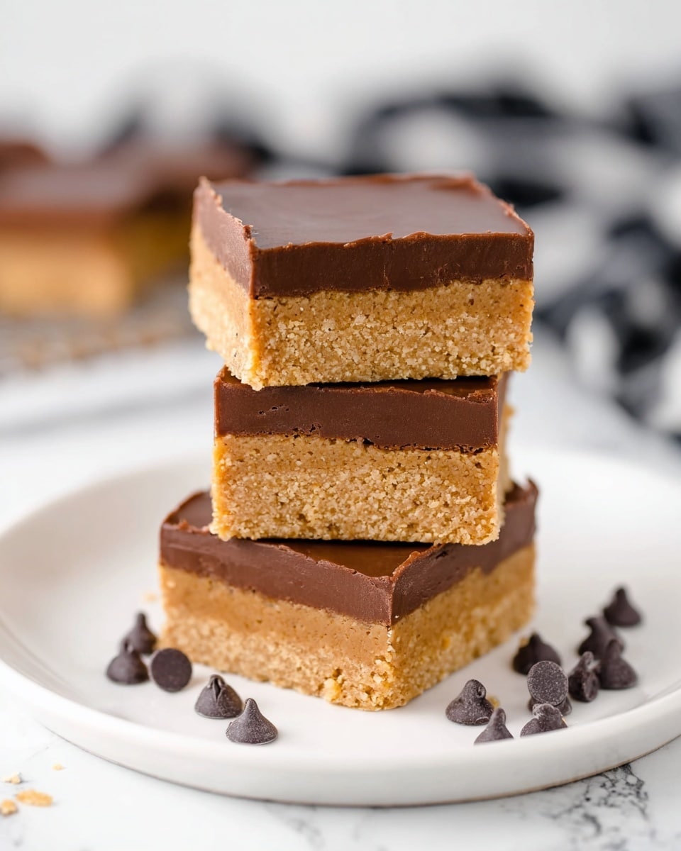 The image shows a stack of three square bars on a white plate with a white marbled surface in the background. Each bar has two layers: a thick, light beige base layer with a crumbly texture, and a thinner, smooth chocolate brown layer on top. The top bar has a bite taken from the corner, revealing the soft, dense inside of the lighter layer. Around the plate are scattered glossy, small, dark chocolate pieces adding detail to the scene. photo taken with an iphone --ar 4:5 --v 7