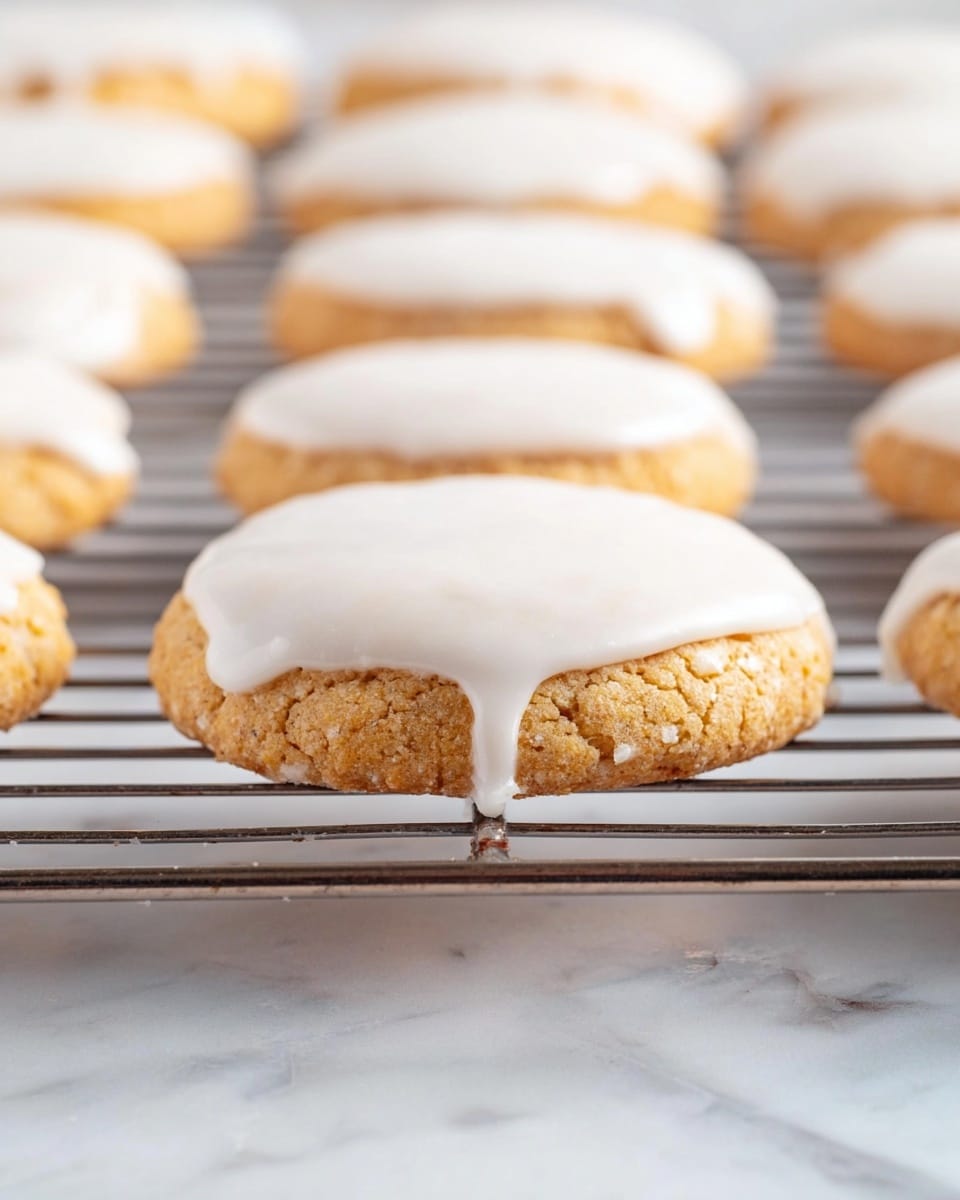 A group of round oatmeal cookies with a rough golden brown base and a smooth white glaze on top are arranged closely on a white marbled surface. The glaze covers each cookie unevenly, dripping slightly over the edges. Scattered oat flakes are visible around the cookies, adding texture to the scene. The lighting highlights the soft texture of the cookies and the shiny, smooth finish of the glaze. Photo taken with an iphone --ar 4:5 --v 7