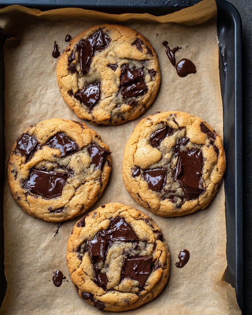 Four large round cookies with golden brown edges and soft, slightly cracked surfaces are placed on a light brown parchment paper inside a black baking tray. Each cookie has many uneven dark brown melted chocolate chunks spread across the top, creating a rich, shiny texture that contrasts with the matte cookie dough. The baking tray rests on a white marbled surface with a folded blue and white striped cloth partially visible underneath. The image shows a close top-down view with natural lighting. photo taken with an iphone --ar 4:5 --v 7