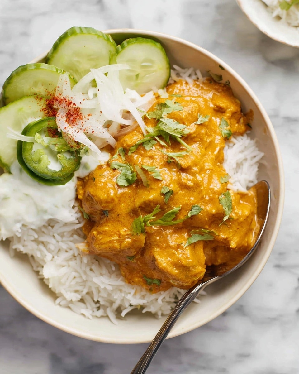 The dish shows a white bowl filled with a base layer of fluffy white rice, topped in the center with thick, creamy orange curry chunks that have a smooth texture and are dotted with small green herb leaves. To the upper side of the curry, there are light green cucumber slices arranged next to pale white, creamy yogurt sauce with thin, slightly translucent onion slices and a sprinkle of red powder on top. A small slice of green chili is visible near the cucumbers. The bowl sits on a white marbled surface, and a silver spoon rests partially tucked under the rice on the right side. Photo taken with an iphone --ar 4:5 --v 7