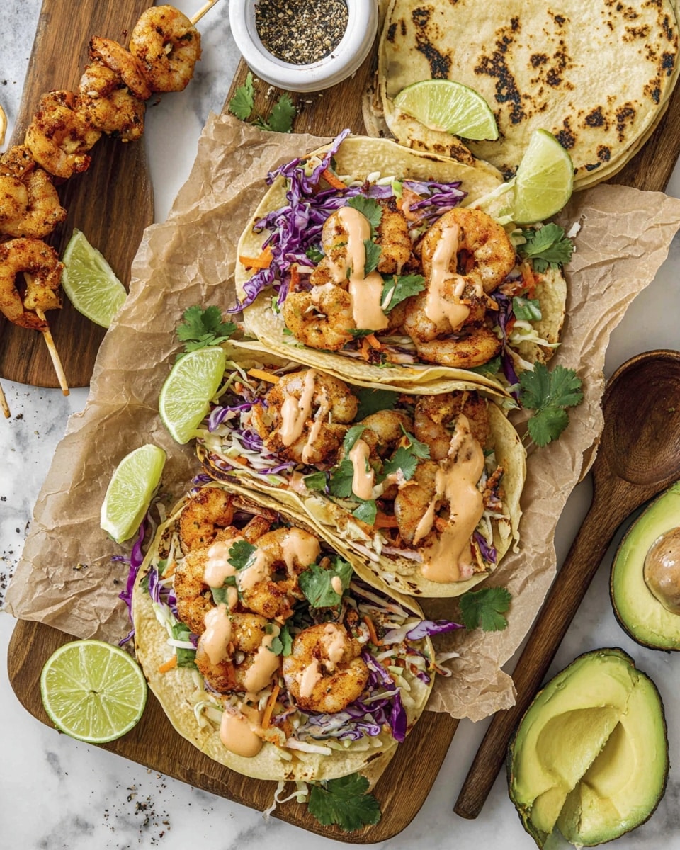 Two grilled shrimp tacos are placed on a white speckled plate on a white marbled surface. Each taco has two layers of slightly charred, warm flatbread folded open. Inside, there is a layer of shredded red and white cabbage mixed with thin sliced carrots and pink pickled onions, topped with cooked shrimp that are orange with a light char, fresh green cilantro leaves, and a zigzag drizzle of creamy pale orange sauce. A wedge of lime sits on the side of the bottom taco, and extra lime wedges and shredded cabbage mix are visible nearby. The overall scene is bright and colorful with a fresh, summery look photo taken with an iphone --ar 4:5 --v 7