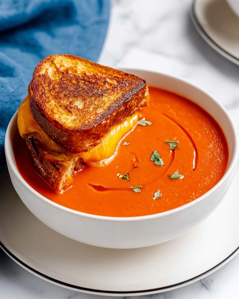 A white bowl filled with thick, smooth tomato soup in a bright orange-red color, topped with a few small green herb pieces sprinkled on the surface, and a drizzle of olive oil creating a shiny swirl on top; resting on the edge of the bowl is a toasted sandwich with two slices of golden brown crispy bread and melted orange cheese visible between them. The bowl sits on a white plate with a thin black ring near its edge, all placed on a white marbled surface with a blue cloth partly visible in the background. photo taken with an iphone --ar 4:5 --v 7