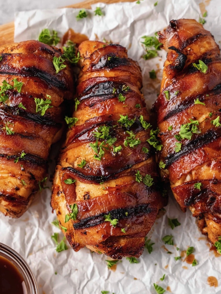 The image shows a close-up of four grilled chicken pieces placed on crumpled white parchment paper on a white marbled surface. Each chicken piece has dark brown grill marks and a shiny, reddish-brown sauce glaze that gives them a slightly sticky look. The chicken is garnished with small pieces of fresh green parsley sprinkled unevenly across the pieces. The texture of the chicken looks juicy and slightly charred with a mix of smooth sauce and grill marks visible. The scene is bright and sharp, showing the rich color contrast between the chicken and the green garnish, photo taken with an iphone --ar 4:5 --v 7
