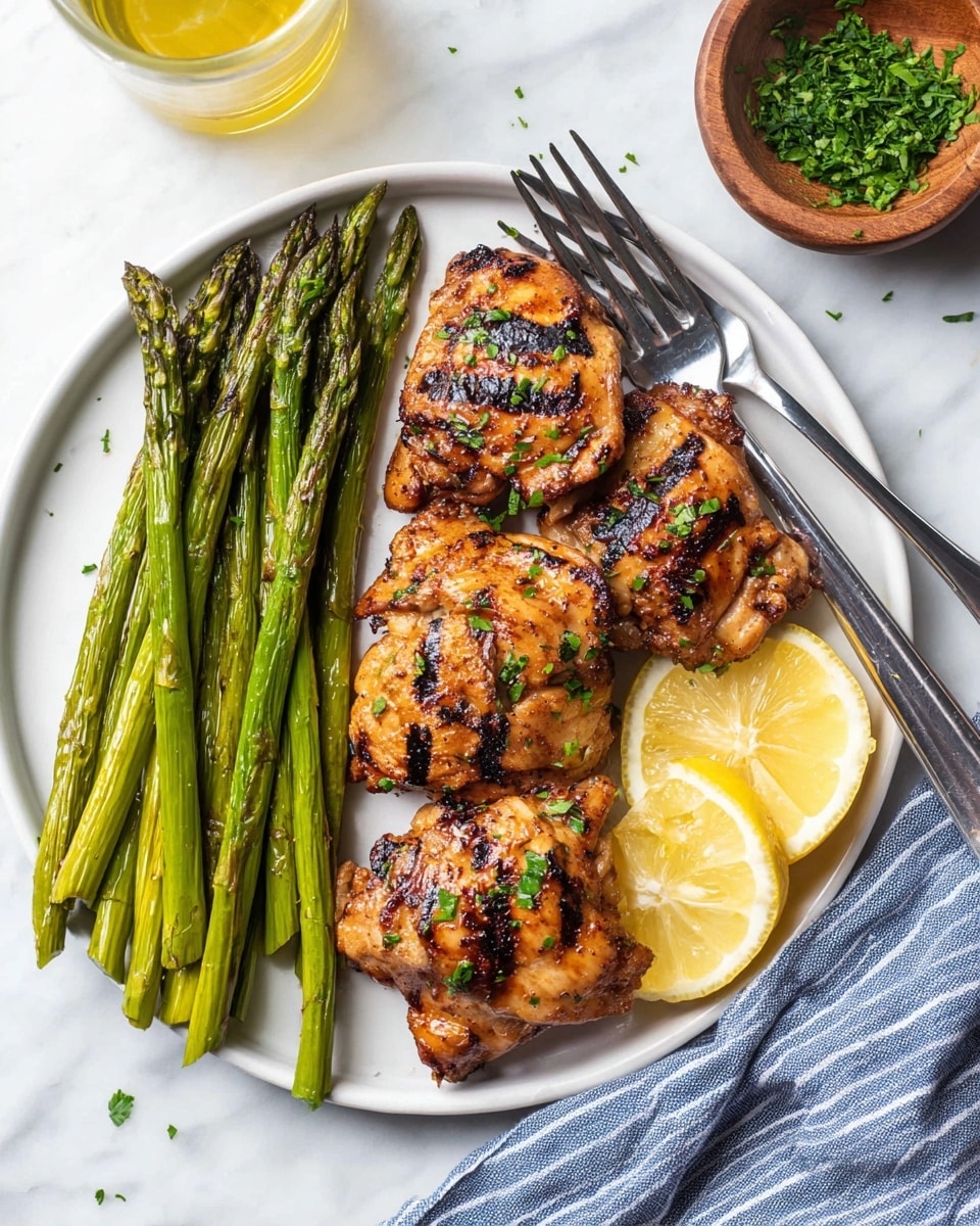 A white round plate on a white marbled surface holds a serving of grilled chicken thighs that are golden brown with dark grill marks, topped with small bits of green herbs. On the left side of the plate, there are six long green asparagus stalks, glossy with hints of charred spots, arranged parallel and slightly overlapping with two silver forks resting on top. Two lemon wedges with bright yellow peel and juicy, translucent flesh are placed on the right side of the chicken. A wooden bowl with chopped green herbs sits near the top right corner of the image, and a blue and white striped cloth is partially visible near the bottom right of the plate. Photo taken with an iphone --ar 4:5 --v 7