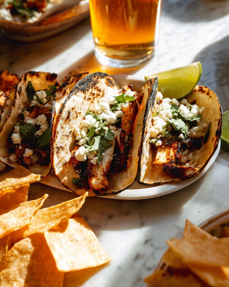 The image shows three tacos on a round white plate. Each taco has one soft, lightly charred tortilla folded in half. Inside, there are several layers: a base of grilled chicken with golden brown color and slight char marks, topped with white crumbled cheese, bright green chopped cilantro, and some more grilled vegetables. To the side of the plate, there is a quarter wedge of lime with a juicy, light yellow inside. Nearby, there are golden brown crispy tortilla chips scattered on a white marbled surface. In the background, there is a glass of golden amber beer with light shining through it. Photo taken with an iphone --ar 4:5 --v 7