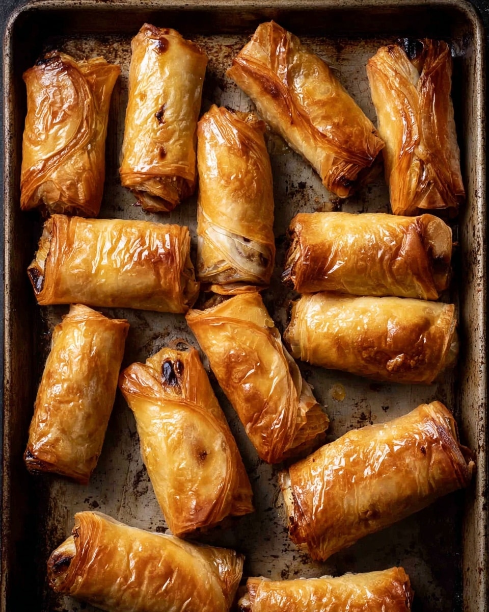 The image shows a metal baking tray filled with around fifteen golden-brown rolled pastries. Each pastry is wrapped in thin, crispy layers that are shiny and slightly blistered from baking. The pastries vary in size but mostly are small rectangular rolls with smooth and slightly crinkled textures. Some have tiny dark spots where the baking surface touched or small areas appear darker from browning. The tray is rustic with marks from use, contrasting with the warm golden color of the pastries. photo taken with an iphone --ar 4:5 --v 7