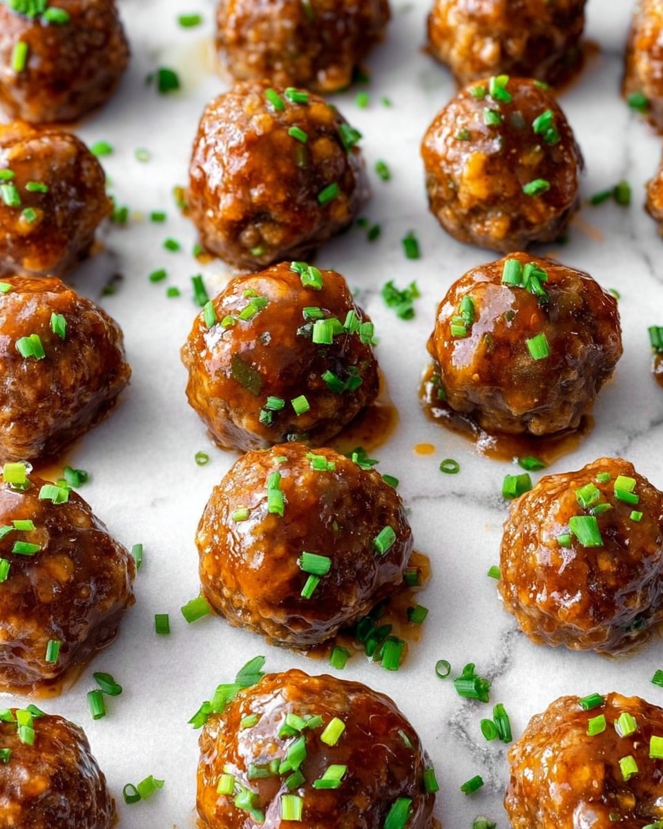The image shows several meatballs arranged in neat rows on a white marbled surface. Each meatball is round and covered with a shiny brown sauce that makes them look moist and tasty. Small green pieces of chopped chives are scattered on top of the meatballs and over the surface, adding a fresh touch of color. The texture of the meatballs looks slightly rough, showing bits of ingredients inside. The overall look is clean and organized, with the focus on the meatballs in the center and the rows fading into the background, photo taken with an iphone --ar 4:5 --v 7