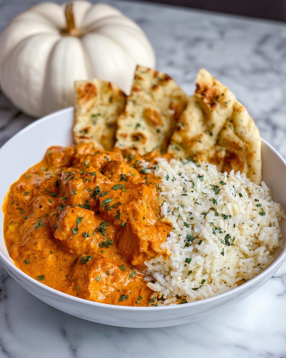 A white bowl holds three layers: on the left, a thick orange curry sauce with visible herbs and spices covers chunks of food, topped with small green herb pieces; in the middle and right, white rice with small green herb flecks is placed; behind the rice, several pieces of light golden-brown naan bread slightly overlapping each other rest against the bowl's edge. The bowl is placed on a white marbled surface with a white decorative pumpkin in the background. photo taken with an iphone --ar 4:5 --v 7