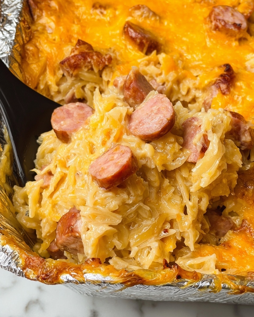 The image shows a close-up of a creamy, cheesy casserole inside a dish, with a black serving spoon scooping out a portion. The casserole has several layers: the bottom layer is a creamy, soft mixture of shredded pasta with light beige color and smooth texture. Scattered throughout are chunks of sliced sausage with a pinkish tone and smooth surface. The top layer is a melted layer of rich, golden-orange cheese that covers the dish evenly with a slightly shiny and gooey texture. The edges of the dish have some browned, crispy cheese spots. The dish is placed on a white marbled surface. photo taken with an iphone --ar 4:5 --v 7
