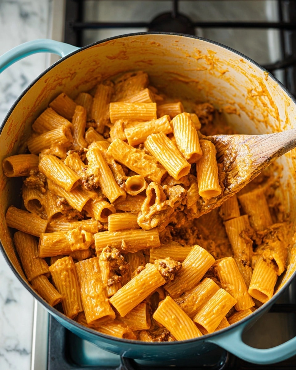 A light blue pot sits on a stove with a white marbled surface, filled with rigatoni pasta coated in a creamy orange sauce mixed with small bits of browned meat. The pasta tubes are thick, ridged, and well-coated, showing a smooth, glossy texture. A wooden spoon is partially lifted from the pot, carrying a scoop of the saucy pasta, with the woman's hand holding it not visible but implied. The pot’s interior shows some sauce splashes around the edge, contrasting the creamy pasta layer filling the pot about three-quarters full. Photo taken with an iphone --ar 4:5 --v 7