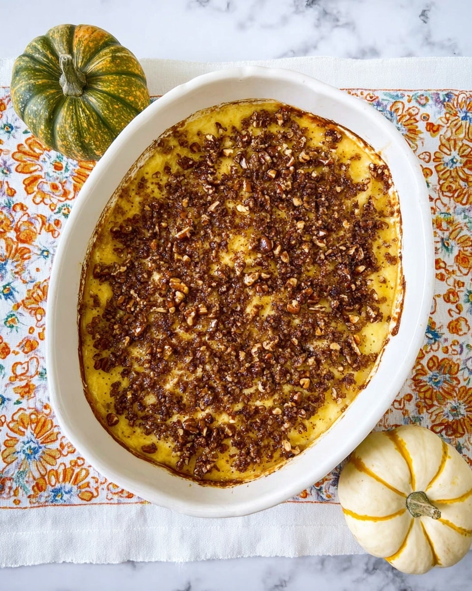 The image shows a baked casserole in a white oval dish filled with a creamy yellow base topped with a layer of small, evenly spread chopped nuts that are dark brown in color, giving a crunchy texture. The casserole’s edges are slightly browned, showing it is well baked. The dish is placed on a white marbled surface with a white cloth featuring a circle of orange and blue floral patterns beneath. There are two small pumpkins beside the dish, one green and one pale yellow, adding an autumn feel to the image. Photo taken with an iphone --ar 4:5 --v 7