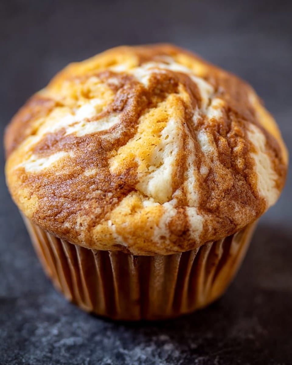 A close-up view of a single muffin with a marbled top showing swirls of light cream and golden brown colors, giving it a soft, slightly cracked texture. The muffin is wrapped in a brown paper liner with ridges and set against a dark background. The top of the muffin has an uneven, cracked surface where the marbled pattern is clear and smooth. photo taken with an iphone --ar 4:5 --v 7