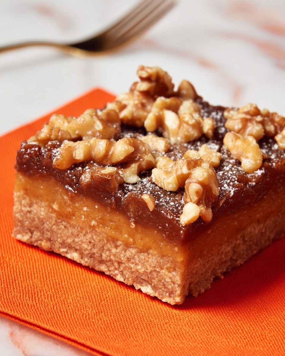 The image shows a close-up of a single square slice of a dessert bar resting on an orange napkin. The dessert bar has two main layers: a dense, light brown bottom layer with a slightly grainy texture, and a thicker, more textured top layer in a darker brown shade. The top layer is sprinkled with small, glossy walnut pieces scattered unevenly across the surface, adding a bumpy texture. The background includes a soft white marbled surface, and a woman's hand holding a fork can be barely seen in the top left corner. photo taken with an iphone --ar 4:5 --v 7