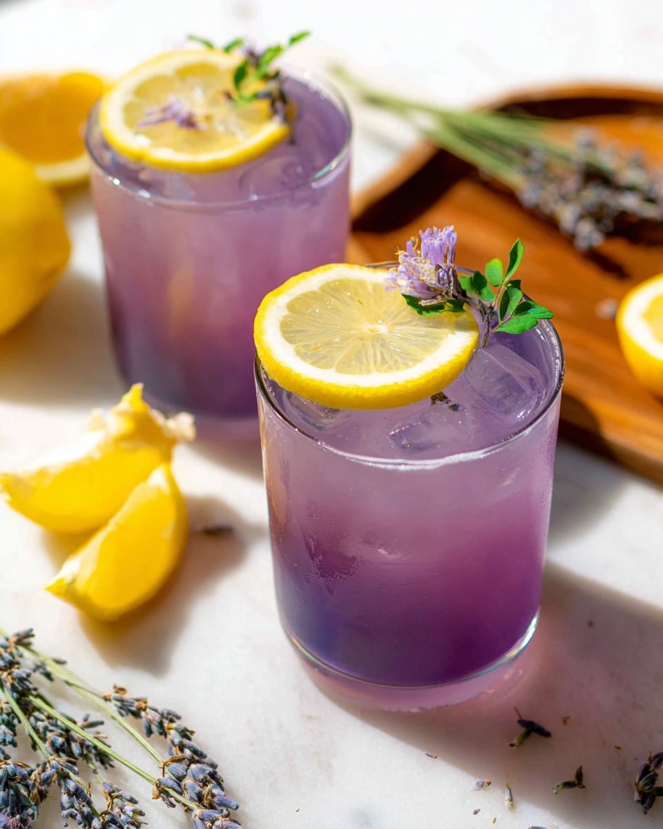 Two clear glasses filled with a purple drink with a smooth surface are placed on a white marbled texture. Each glass has a yellow lemon slice floating on top and is garnished with a small sprig of green leaves and a tiny purple flower, all placed near the lemon slice. In the background, there are lemon wedges and some loose lavender buds scattered around, and a curved wooden tray adds a warm tone to the scene. The image has bright natural light and soft shadows. photo taken with an iphone --ar 4:5 --v 7