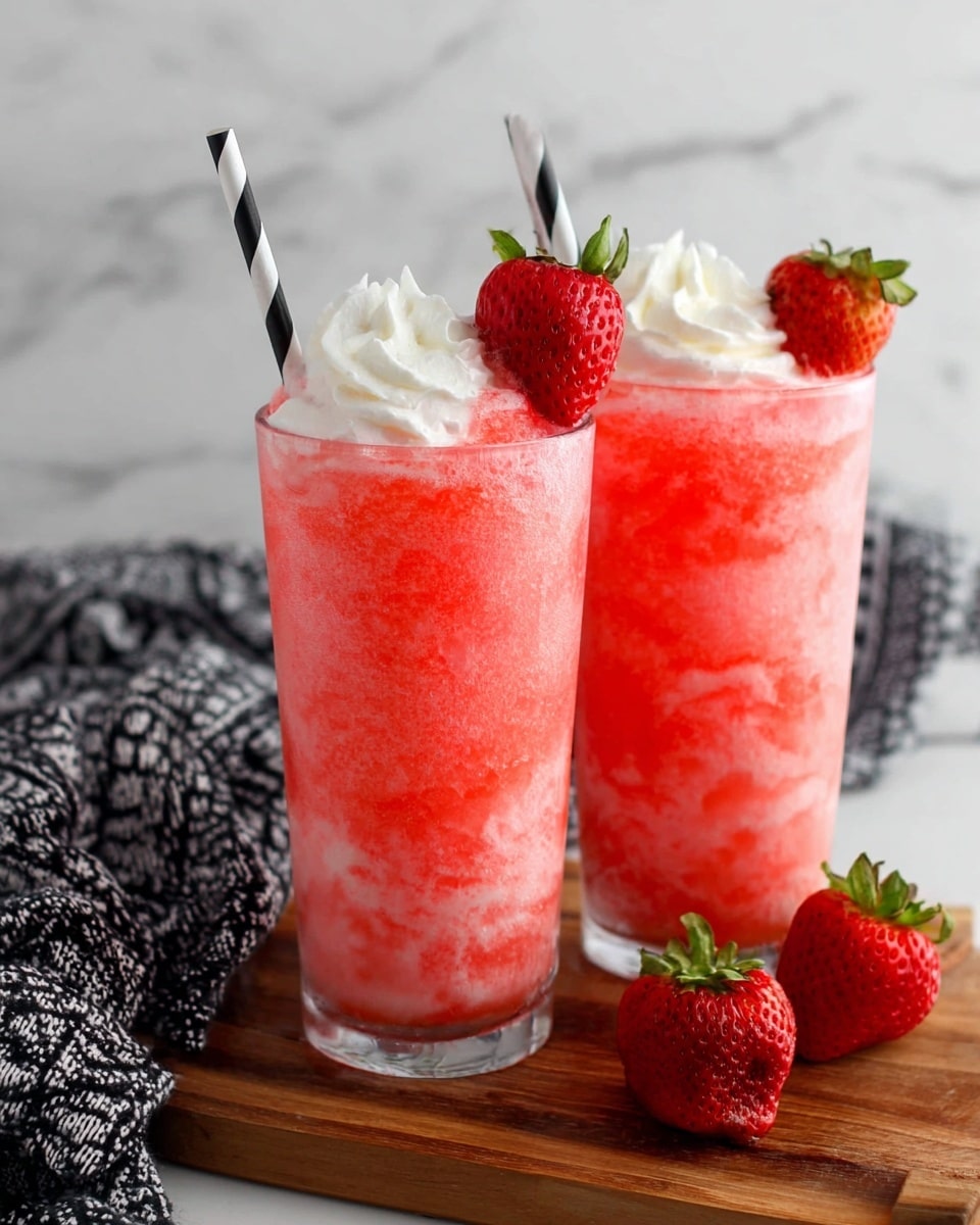 Two tall clear glasses filled with bright pink strawberry slush, showing a mix of icy texture and blended fruit. Each glass is topped with a swirl of white whipped cream and a fresh red strawberry half with green leaves on the side, placed at an angle on the rim. A black and white striped paper straw is stuck in each glass behind the strawberry. The glasses sit on a wooden board with two whole red strawberries in front. In the background, a black and white patterned cloth is casually spread out on a white marbled surface. The photo taken with an iphone --ar 4:5 --v 7