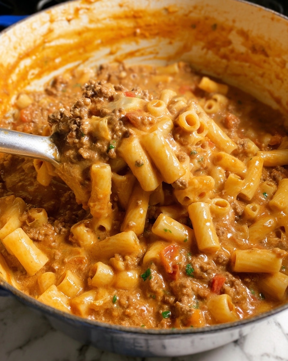 A close-up of a thick, creamy pasta dish being lifted with a silver utensil from a white pot. The dish has short tube pasta mixed with ground meat in a rich orange-brown sauce that looks smooth and slightly shiny, with small bits of herbs and tomato visible. The pot’s inside rim is stained with sauce, and the background is a white marbled texture. Photo taken with an iphone --ar 4:5 --v 7