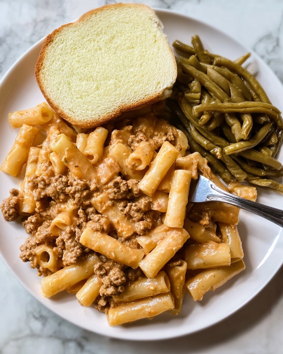 A white plate holds three sections of food on a white marbled surface. The main layer is a large serving of tubular pasta mixed with a creamy, light brown sauce containing small pieces of ground meat, giving the pasta a soft texture and a slightly shiny look. To the upper right of the pasta, there is a pile of green beans, cooked and seasoned, showing a dull green color with a slight shine. On the upper left side of the plate, a slice of buttered white bread rests flat, with the smooth, pale yellow butter spread evenly on the surface. A silver fork lifts a few pasta tubes with sauce from the main pile. Photo taken with an iphone --ar 4:5 --v 7