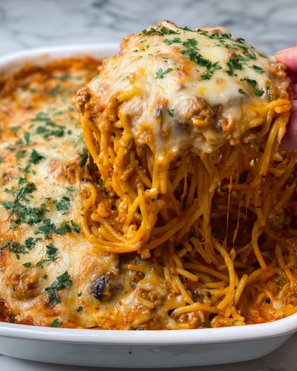 This image shows a close-up of cheesy baked spaghetti in a white baking dish. The dish has two main layers: the top layer is golden-brown melted cheese sprinkled with green chopped herbs, and the bottom layer is spaghetti mixed with a creamy orange sauce containing small pieces of meat and black olives. A portion of the spaghetti is being lifted with a woman's hand, showing the creamy texture and the strands of noodles stretched upwards. The white baking dish sits on a white marbled surface. Photo taken with an iphone --ar 4:5 --v 7
