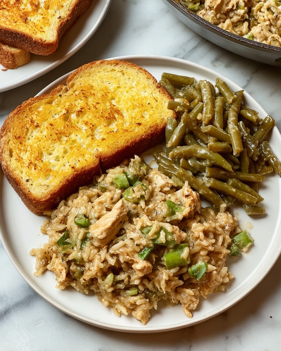 A white plate shows three parts: on the left is a golden-brown toast slice with a soft, slightly textured surface; below it is a mound of creamy rice mixed with light brown chicken pieces and small green celery bits, all coated in a shiny, light brown gravy; on the right side are cooked green beans with a soft, wrinkled texture and a dark green color. The whole plate sits on a white marbled surface. photo taken with an iphone --ar 4:5 --v 7