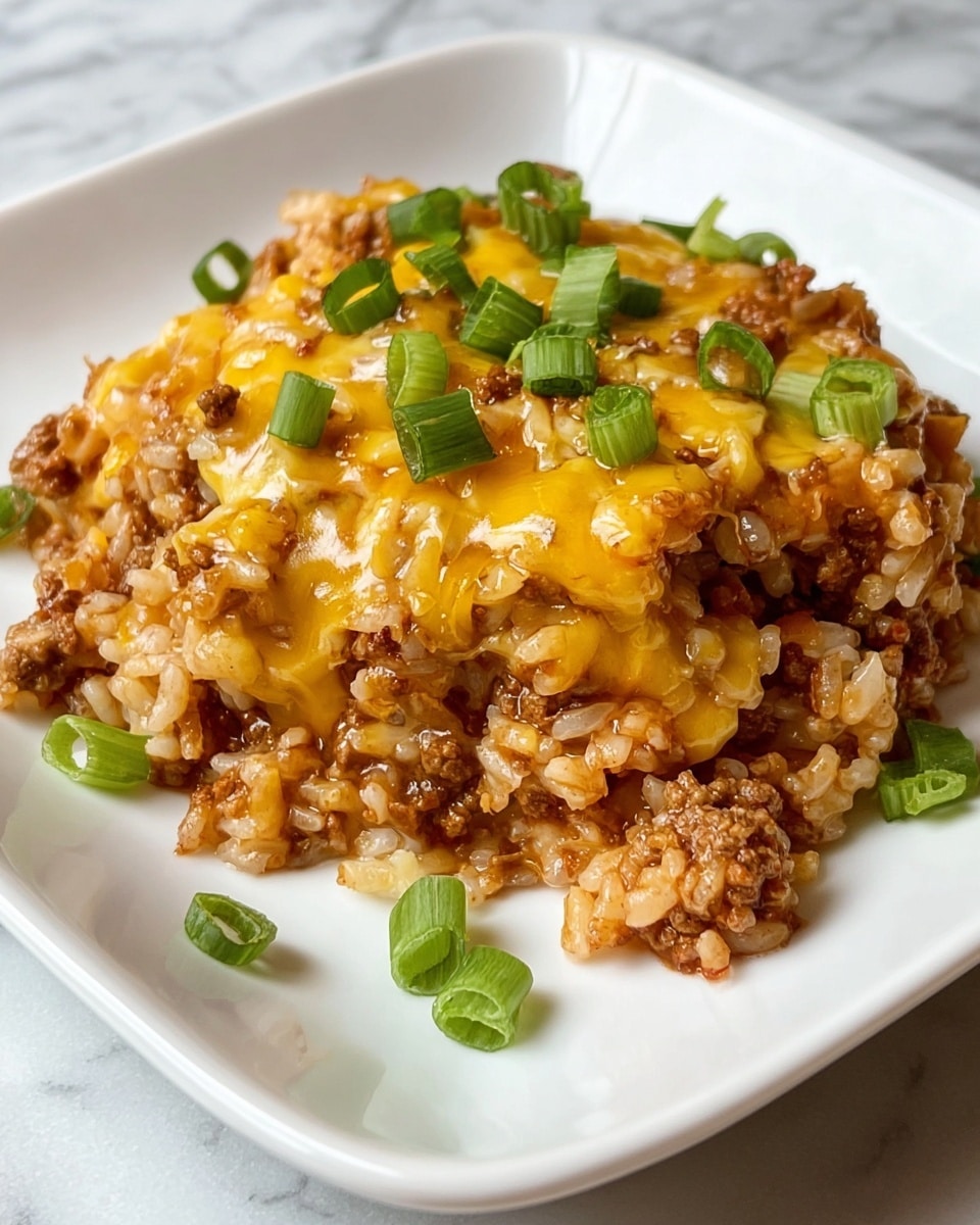 A close-up image shows a white pot filled with a mixture of cooked ground meat, rice, and melted yellow cheese. The dish looks creamy and warm, with the cheese spread evenly throughout the rice and meat, giving a shiny texture. Some pieces of meat are slightly browned and visible within the mix. A spoon lifting a portion reveals thick layers of cheese melting over the meat and rice, with one piece of reddish-brown meat visible on the spoon. The pot rests on a white marbled surface. Photo taken with an iphone --ar 4:5 --v 7