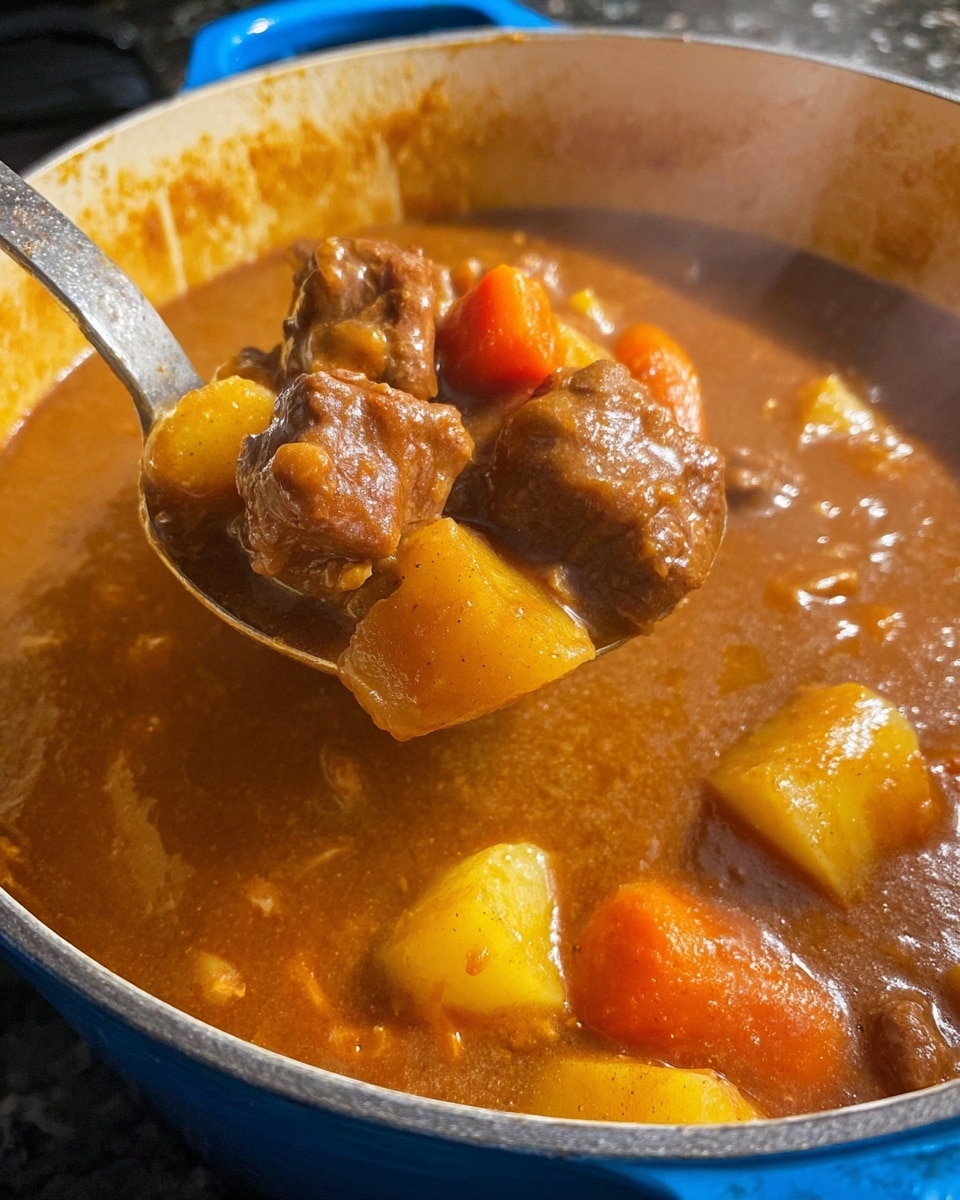 The image shows a close-up of a thick stew being held by a metal spoon over a blue pot, filled with the same stew. The stew has chunky pieces of brown meat, large yellowish potato chunks, and bright orange carrot slices, all coated in a rich, brown gravy with a smooth texture. The stew looks hearty and thick, with some steam rising from it. The pot edge is visible with a slight strom of the sauce on its inner side. The surface underneath is not visible, but imagine a white marbled texture instead. Photo taken with an iphone --ar 4:5 --v 7