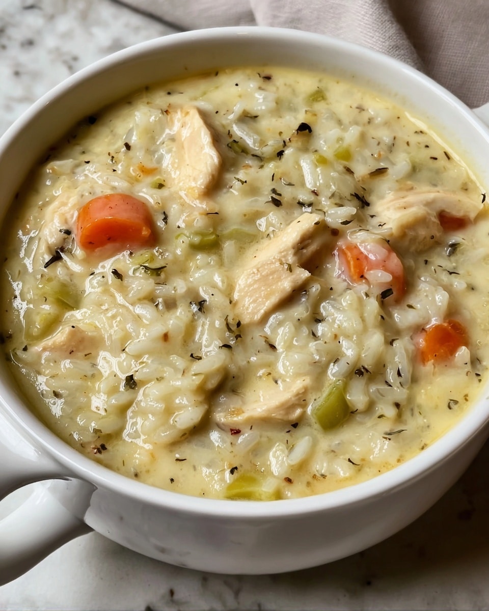 A white cup filled with thick creamy soup showing visible chunks of light beige chicken, small pieces of orange carrot, green celery, and bits of rice all in a white sauce with flecks of black pepper and herbs. A toasted piece of light golden brown bread is placed on the edge of the cup. The cup sits on a white plate with an embossed pattern, set on a white marbled surface. Photo taken with an iphone --ar 4:5 --v 7