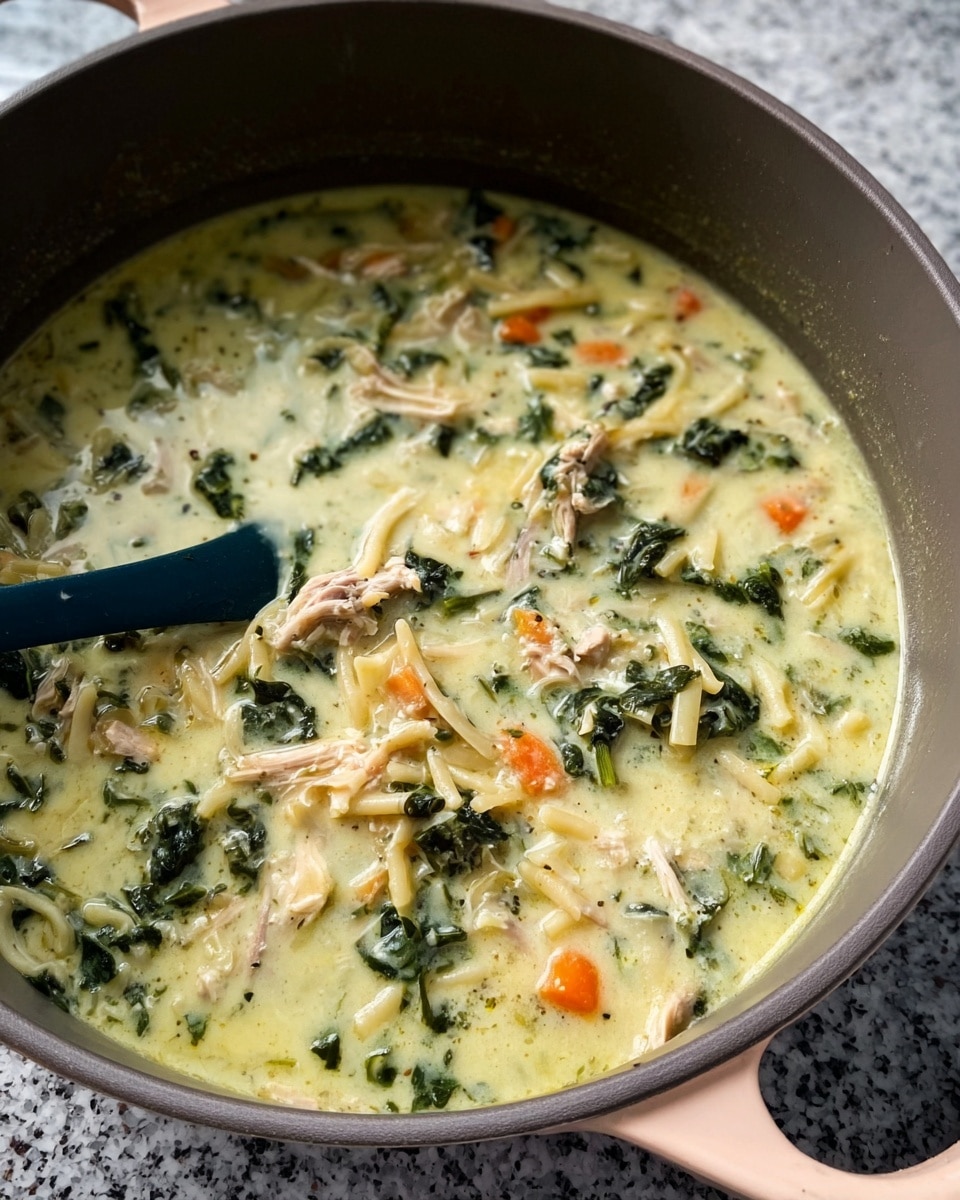 The image shows a close-up of a creamy soup or stew in a gray cooking pot with two light pink handles. The soup has a thick, pale yellow-green base with visible pieces of chopped dark green leafy vegetables, small orange carrot chunks, and light beige shredded meat mixed evenly throughout. There are also some flat noodle pieces spread inside the soup. The pot is placed on a white marbled countertop, and a dark blue spoon is partly immersed in the soup near the bottom left. Photo taken with an iphone --ar 4:5 --v 7