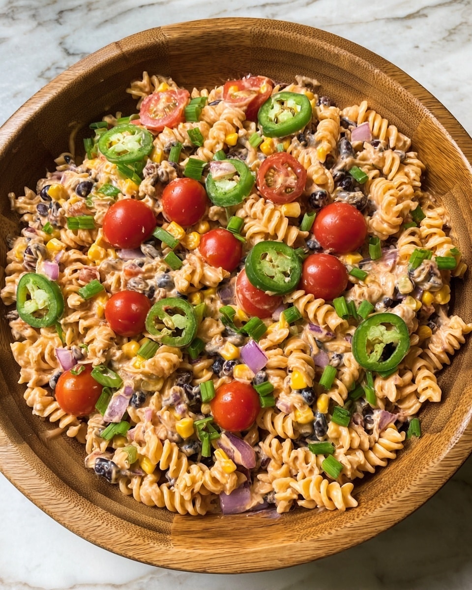A wooden bowl filled with spiral pasta mixed with small pieces of ground meat, shredded orange cheese, black beans, corn, chopped red onion, and diced tomatoes. On top, bright red cherry tomatoes and thin green jalapeno slices add color. A spoon lifts a portion of the mix showing layers of creamy sauce coating the pasta and ingredients against a grainy wooden bowl background. The scene is on a white marbled surface. Photo taken with an iphone --ar 4:5 --v 7
