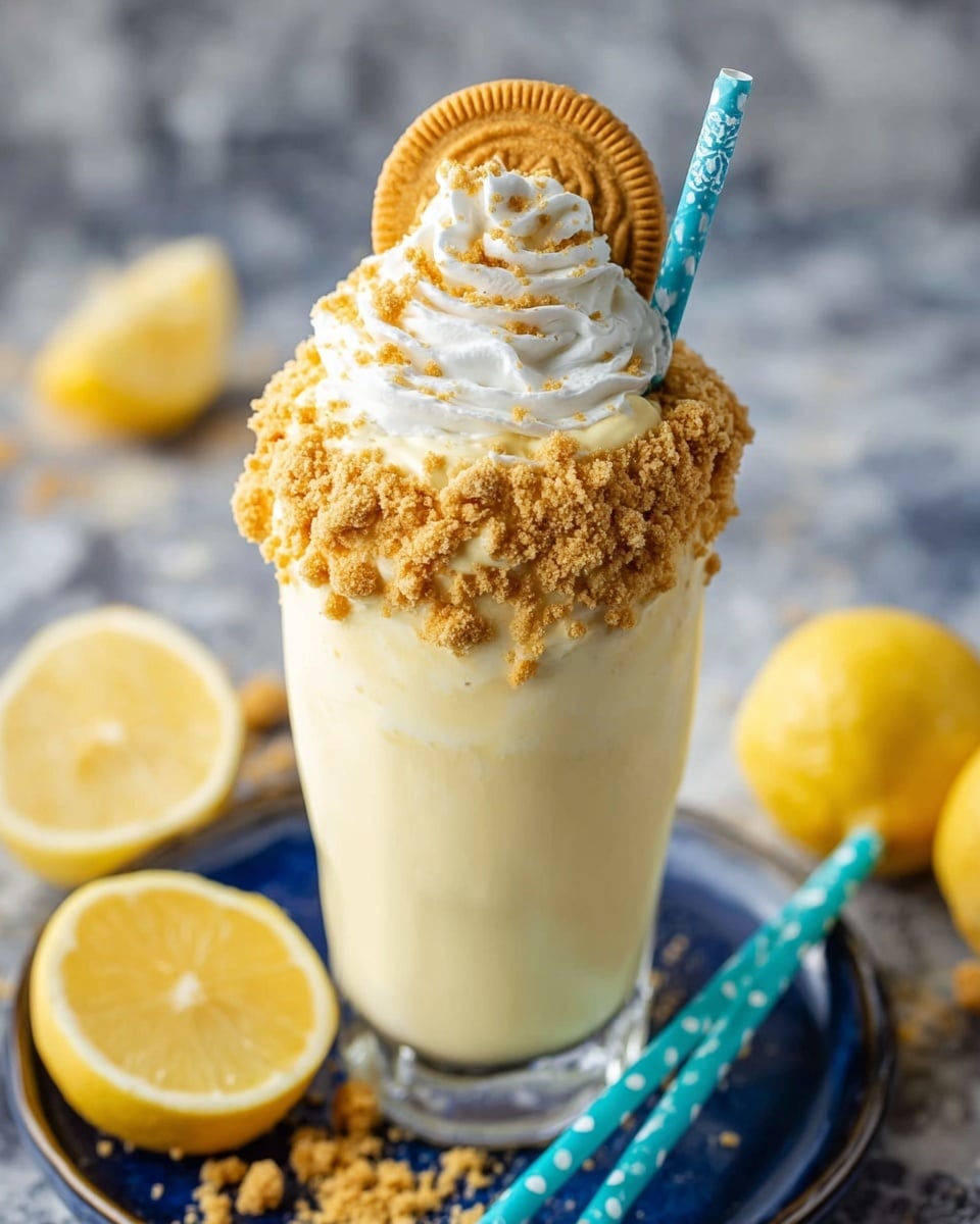 A tall clear glass filled with a creamy pale yellow milkshake. The top edge of the glass is covered in a thick layer of crushed golden cookies, clinging with texture all around. On top of the milkshake is a swirl of white whipped cream, crowned with more cookie crumbs and a single whole golden cookie placed upright. The glass sits on a dark blue plate with two colorful straws—one light blue with white spots and one teal with white spots—resting beside it. In the blurred white marbled background, there are whole and halved lemons adding a fresh feel. Photo taken with an iphone --ar 4:5 --v 7