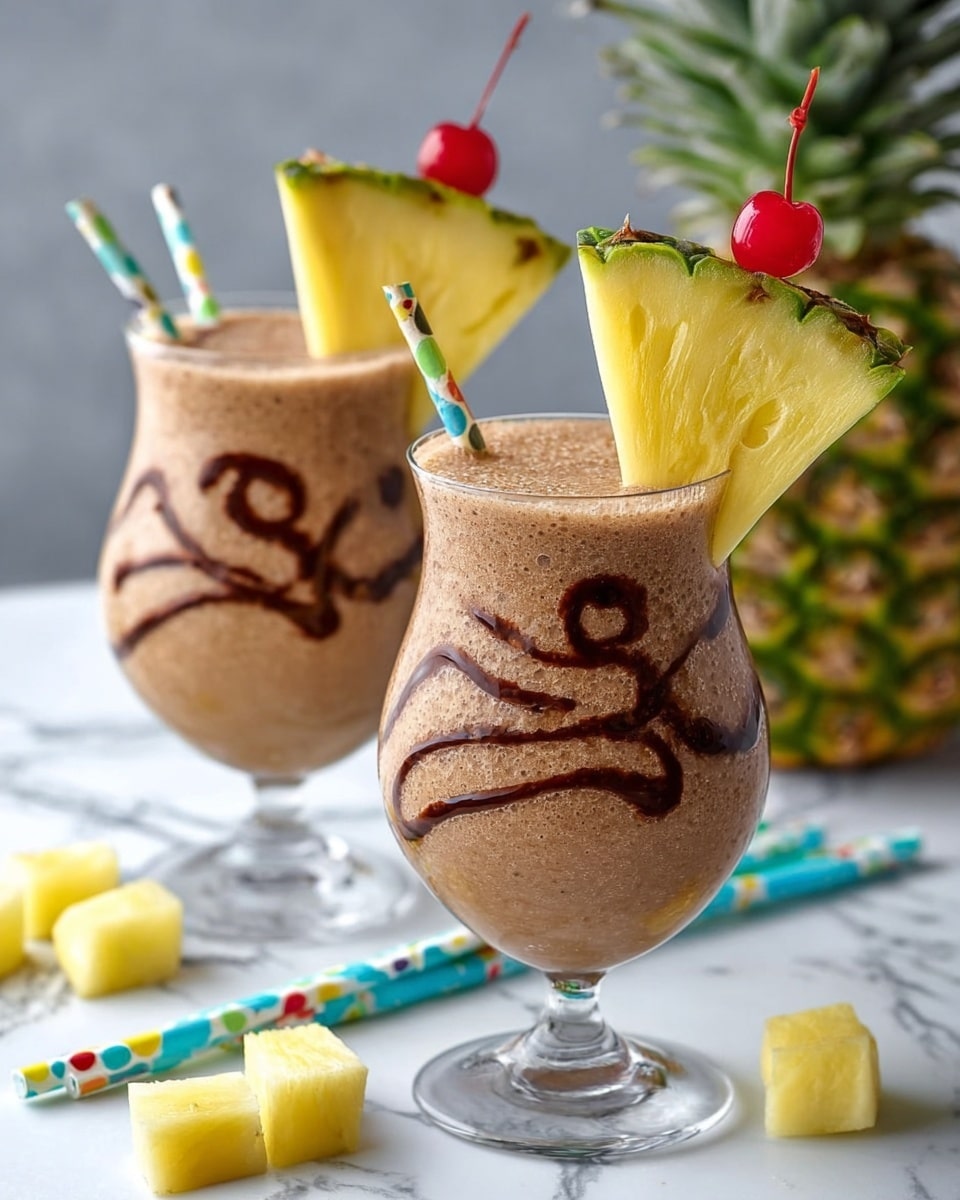 A tall clear glass with a short stem is filled with a thick light brown smoothie that has a slightly frothy texture. Inside the glass, dark brown chocolate syrup is drizzled in random patterns down the sides. On the rim of the glass, there is a bright yellow pineapple slice with green edges and a red cherry attached by a red stem. The glass is placed on a white marbled surface with scattered pineapple chunks around it, and in the background, there is a whole pineapple slightly out of focus. Photo taken with an iphone --ar 4:5 --v 7