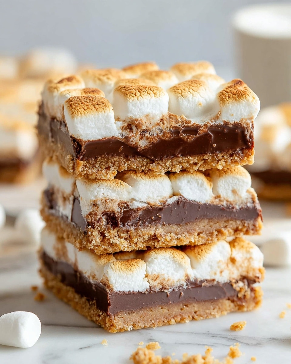 A square bar dessert is shown with three layers: the bottom layer is a light brown crumbly crust, the middle layer is smooth and white, and the top layer is made of small, round marshmallows toasted to a golden brown color, arranged closely side by side. The toasted marshmallows have a slightly uneven texture with some darker and lighter spots. One square piece is lifted on a shiny silver spatula above a metal baking pan, revealing the layers clearly. The background features a white marbled surface. Photo taken with an iphone --ar 4:5 --v 7