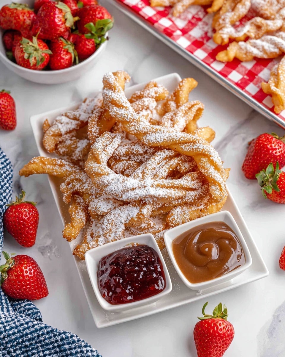 A woman's hand is holding a twisted, golden brown funnel cake piece dusted with white powdered sugar, dipping it into a small white square dish filled with smooth, light brown caramel sauce. The dish is placed on the corner of a large white plate, which holds more twisted funnel cake pieces, all sprinkled with powdered sugar. On the plate near the funnel cakes is a fresh red strawberry with green leaves. The background surface is a white marbled texture. photo taken with an iphone --ar 4:5 --v 7
