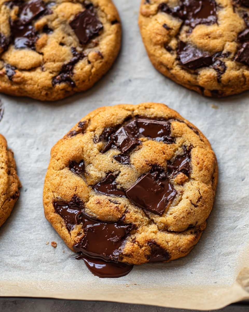 This image shows four large, round chocolate chip cookies resting on light brown parchment paper placed on a black baking tray. Each cookie has a golden-brown base with uneven rough edges, and thick, shiny dark brown melted chocolate chunks are spread on top in irregular shapes and sizes. The cookies appear soft and slightly thick with some cracks visible on the surface. The parchment paper has small spots of melted chocolate near the cookies, adding a slightly messy but appetizing look. The edges of the tray are visible, framing the cookies neatly. Photo taken with an iphone --ar 4:5 --v 7