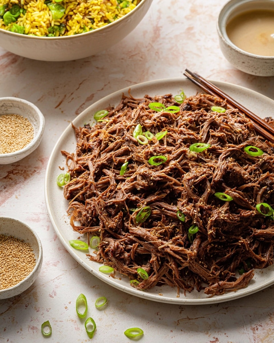 A large white plate filled with a single layer of brown shredded meat that looks moist and tender, scattered with small slices of bright green onions on top. In the background, there is a white bowl filled with yellow rice, green vegetables, and more shredded meat, with a pair of wooden chopsticks resting on the edge. Small white ceramic bowls with sesame seeds and a light-colored sauce are placed around the plate, all sitting on a white marbled surface. The scene is softly lit and styled to look inviting and fresh. photo taken with an iphone --ar 4:5 --v 7
