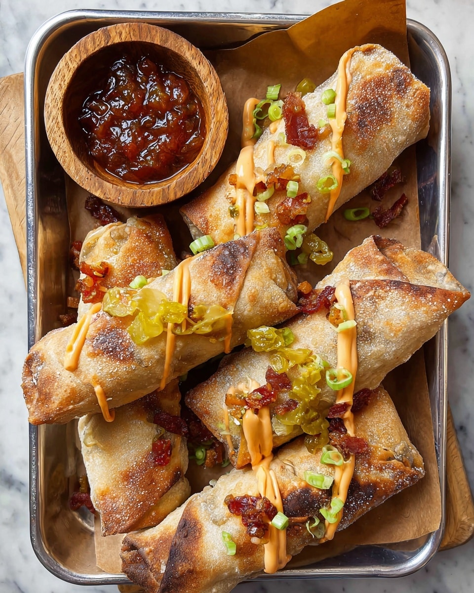A metal tray lined with brown paper holds five golden-brown egg rolls with crispy edges and some darker toasted spots. The egg rolls are drizzled with a light orange creamy sauce in zigzag stripes and sprinkled with small pieces of chopped bright green pickles. Small chunks of reddish-brown cooked onions or bacon bits are scattered on the egg rolls and around the tray. A small round wooden bowl sits in the upper left corner of the tray, filled with a glossy, dark reddish chutney or sauce with visible chunky texture. The tray is placed on a white marbled surface. photo taken with an iphone --ar 4:5 --v 7