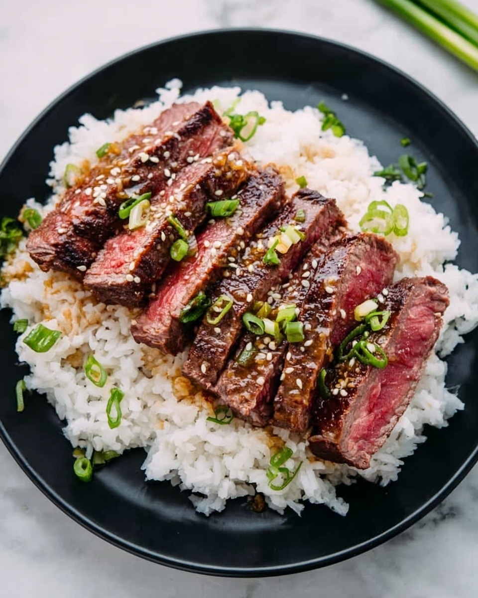 The image shows a white plate on a white marbled surface holding sliced steak arranged in two rows. The steak has a brown, slightly crispy outer layer and a pinkish red center, appearing juicy and tender. The top layer of the steak is covered with a shiny, dark brown sauce dotted with sesame seeds and small green onion slices. A gold fork rests on the plate, partially under the steak slices. The photo is taken with an iphone --ar 4:5 --v 7