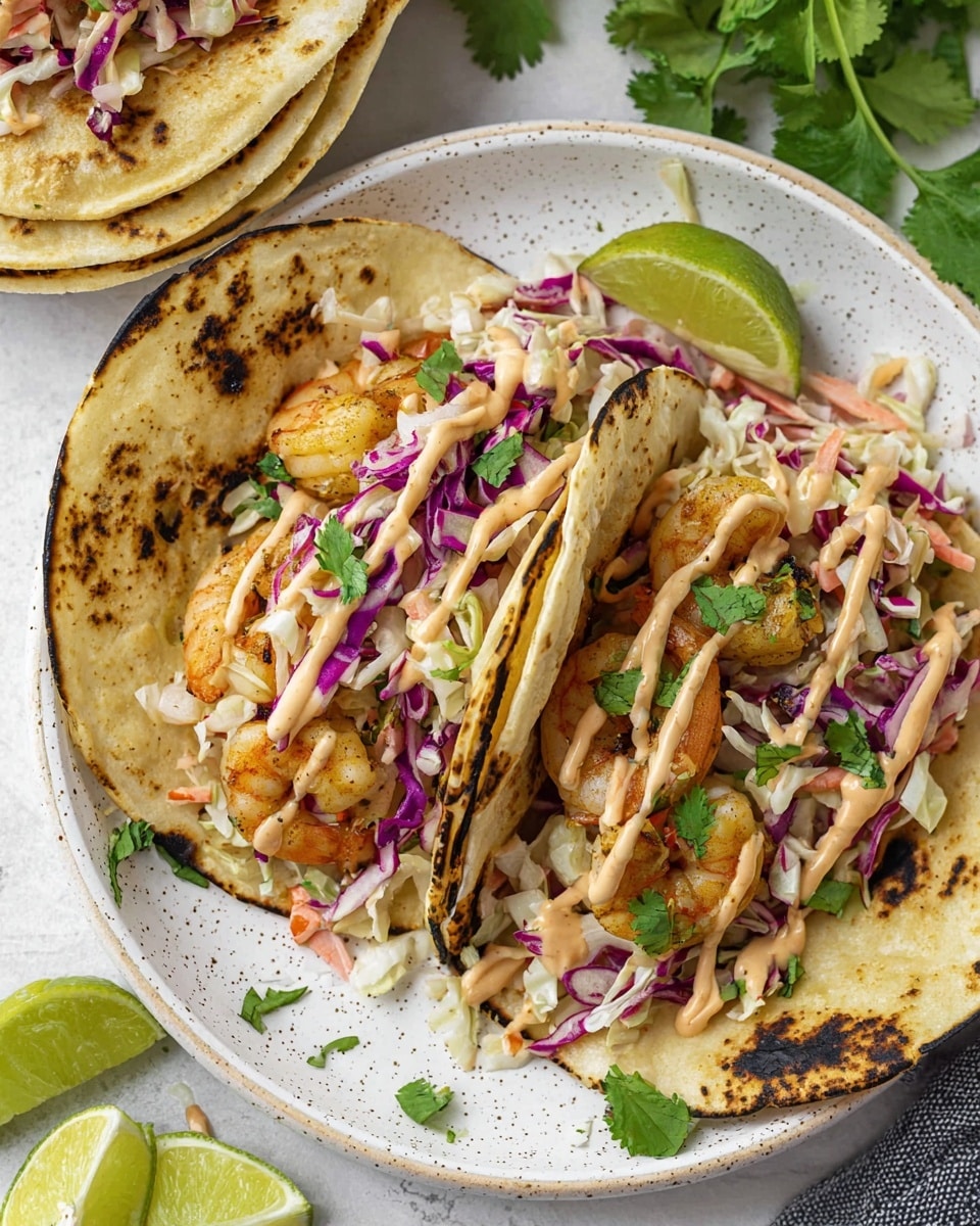 The image shows four tacos arranged on a wooden board lined with brown paper, placed on a white marbled surface. Each taco has two soft, warm corn tortillas with brown char marks. The bottom layer is shredded purple and green cabbage mixed with thin carrot strips, creating a colorful base. On top are three or more grilled shrimp with a reddish-orange seasoning. Fresh green cilantro leaves are scattered inside and on top of the tacos. A light orange creamy sauce is drizzled over the shrimp and vegetables in a zigzag pattern. Lime wedges are placed inside some tacos and on the board. To the top left side, there are extra grilled shrimp skewered on wooden sticks. A small white bowl with black pepper stands near the top center. Half sliced avocados with the seed show on the right side of the image. A wooden spoon with the sauce rests on the board near the tacos. The photo taken with an iphone --ar 4:5 --v 7