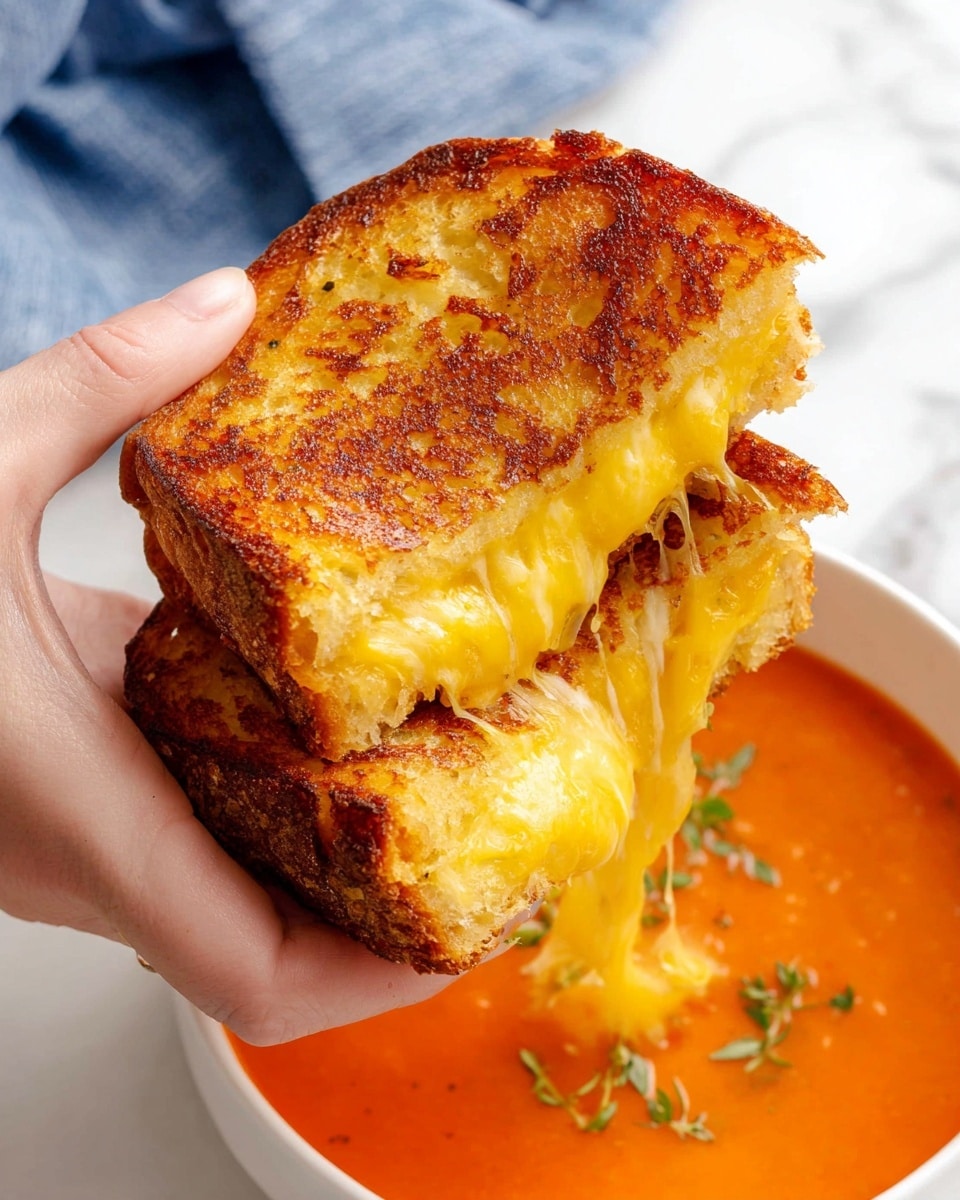 A close-up view of a grilled cheese sandwich held by a woman's hand, showing two thick slices of toasted bread with a crispy, golden-brown texture and a bubbly surface. Between the slices is a thick layer of melted, bright yellow cheese stretching as the sandwich is pulled apart. The sandwich is held over a white bowl filled with smooth, vibrant orange tomato soup, garnished with small green herbs. The scene is set on a white marbled surface with a part of a blue cloth in the background. photo taken with an iphone --ar 4:5 --v 7