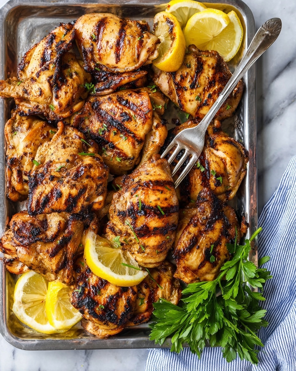 A silver tray is filled with multiple pieces of grilled chicken thighs, each showing dark brown grill lines on a golden brown, slightly charred surface. The chicken pieces are layered closely together, making the tray look full. Bright yellow lemon wedges are placed among the chicken, adding a fresh pop of color. On the lower right corner, a small bunch of green parsley adds a touch of green. A silver fork is touching one of the chicken pieces on the right side, near the parsley. The tray is on a white marbled surface with a blue and white striped cloth partially visible on the right side. Photo taken with an iphone --ar 4:5 --v 7