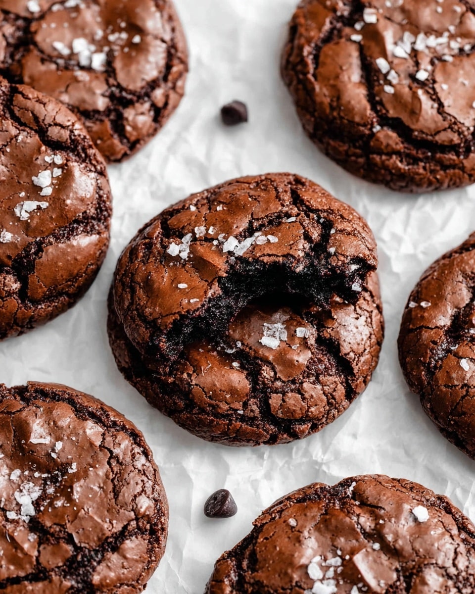 The image shows several round chocolate cookies with a cracked, shiny dark brown top layer sprinkled lightly with coarse white salt flakes. One cookie in the center has a piece broken off, revealing a soft, rich, and dense dark chocolate inside with a moist texture. The cookies are placed on crumpled white parchment paper, scattered with a few small milk chocolate drops, all set on a white marbled surface. The overall look is inviting and textured with a mix of shiny, cracked crust and soft interior, highlighting the contrast between the crispy top and the soft inside photo taken with an iphone --ar 4:5 --v 7