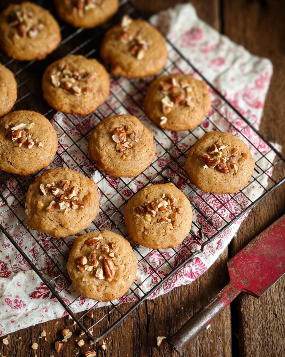 The image shows a wire cooling rack filled with dozen small, round cookies with a golden brown color. Each cookie has a slightly rough texture and is topped with small, uneven pieces of chopped nuts scattered on the surface. The rack sits on a wooden table, partially covered by a white cloth with red and pink patterns. A metal tool with a red, worn handle is placed next to the rack on the right side. The overall scene feels warm and rustic, with the cookies as the main focus. Photo taken with an iphone --ar 4:5 --v 7