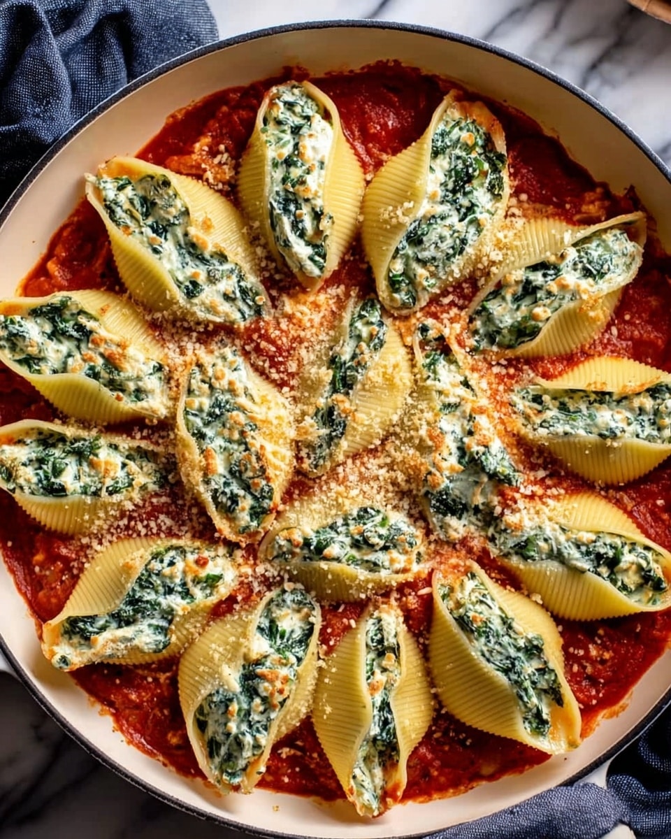 A white round pan filled with large pasta shells arranged in a circular pattern, each shell stuffed with a creamy mixture of green spinach and white cheese, placed on a thick layer of red tomato sauce spread evenly at the bottom. The sauce has a slightly chunky texture, and the pasta shells have a ridged surface. The dish is sprinkled with grated cheese on top, adding a light textured dusting. The whole pan is set on a white marbled surface with a hint of a dark blue cloth in the corner. photo taken with an iphone --ar 4:5 --v 7