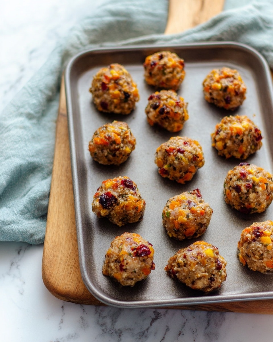 The image shows a gray baking tray filled with 15 small round meatballs evenly placed in four rows, each meatball speckled with bright orange and dark red bits giving a mixed texture. The tray is resting on a wooden board, placed on a white marbled surface with a light blue cloth in the background. Each meatball looks slightly browned and cooked, with a slightly rough surface showing the mixed ingredients clearly. Photo taken with an iphone --ar 4:5 --v 7
