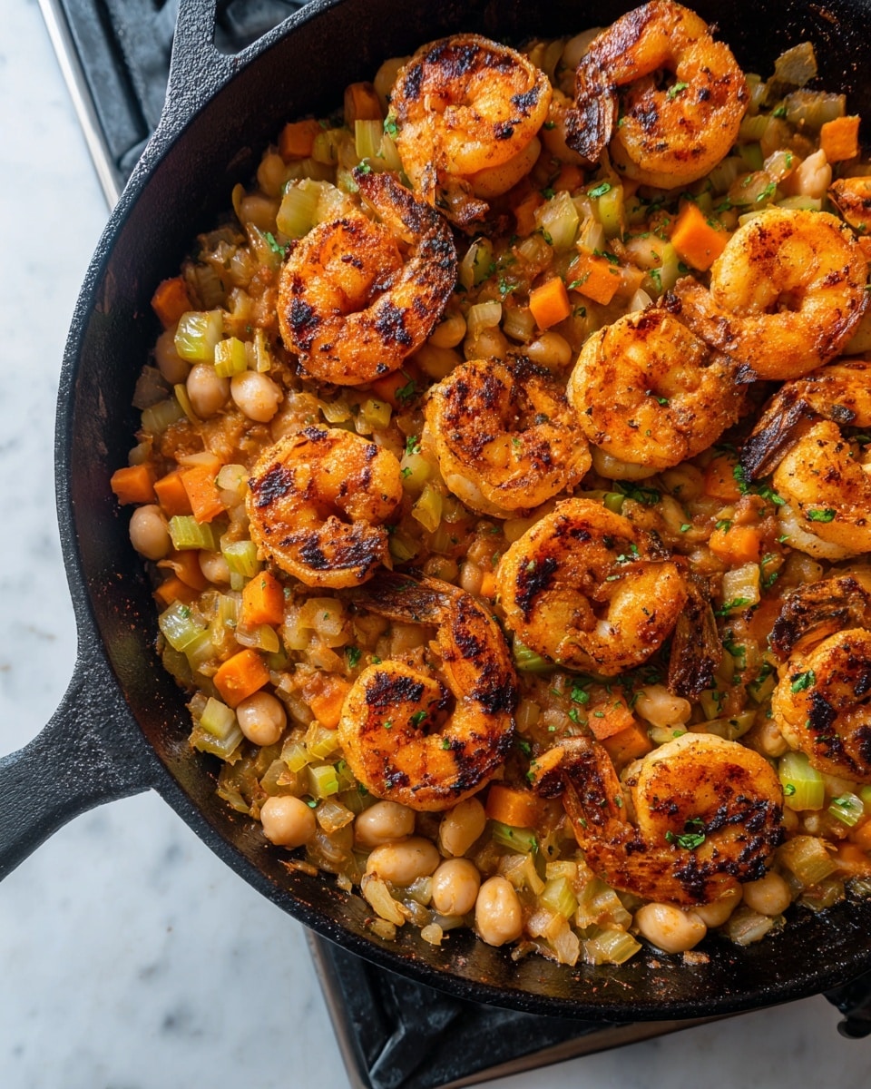 A close-up view of a black cast iron skillet filled with cooked shrimp and beans mixed with small pieces of orange carrot, garnished with chopped green herbs. The shrimp on top are well browned and slightly charred, showing a textured, crispy surface. Lemon wedges are placed around the edge of the skillet, adding bright yellow color. A metal spoon lifts a spoonful of the shrimp and beans mix, focusing on the browned shrimp with green herb sprinkles. The skillet sits on a white marbled surface with a red and white checkered cloth underneath. Photo taken with an iphone --ar 4:5 --v 7